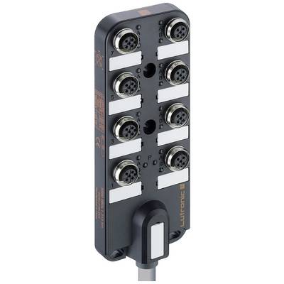 En sensorhub med 8 porte og hvidt kabel fra Lutronic, egnet til forbindelse og kommunikation mellem flere sensorer.