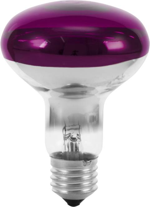 En glødepære med spejlbelagt, violet glas øverst og standard gevind i bunden. Ideel til dekorativ belysning.