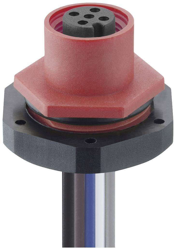 En cylinderformet, rød komponent med en sort tilslutning på toppen, monteret på en sort base, sandsynligvis en del af en teknisk enhed.
