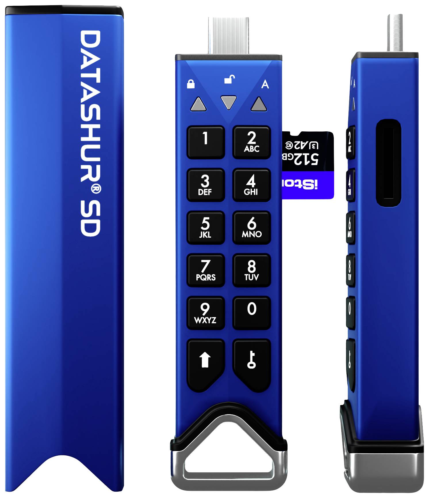 Tre visninger af en blå USB-stick med tastatur og indsat SD-kort, produktnavn 'Datashur SD'.
