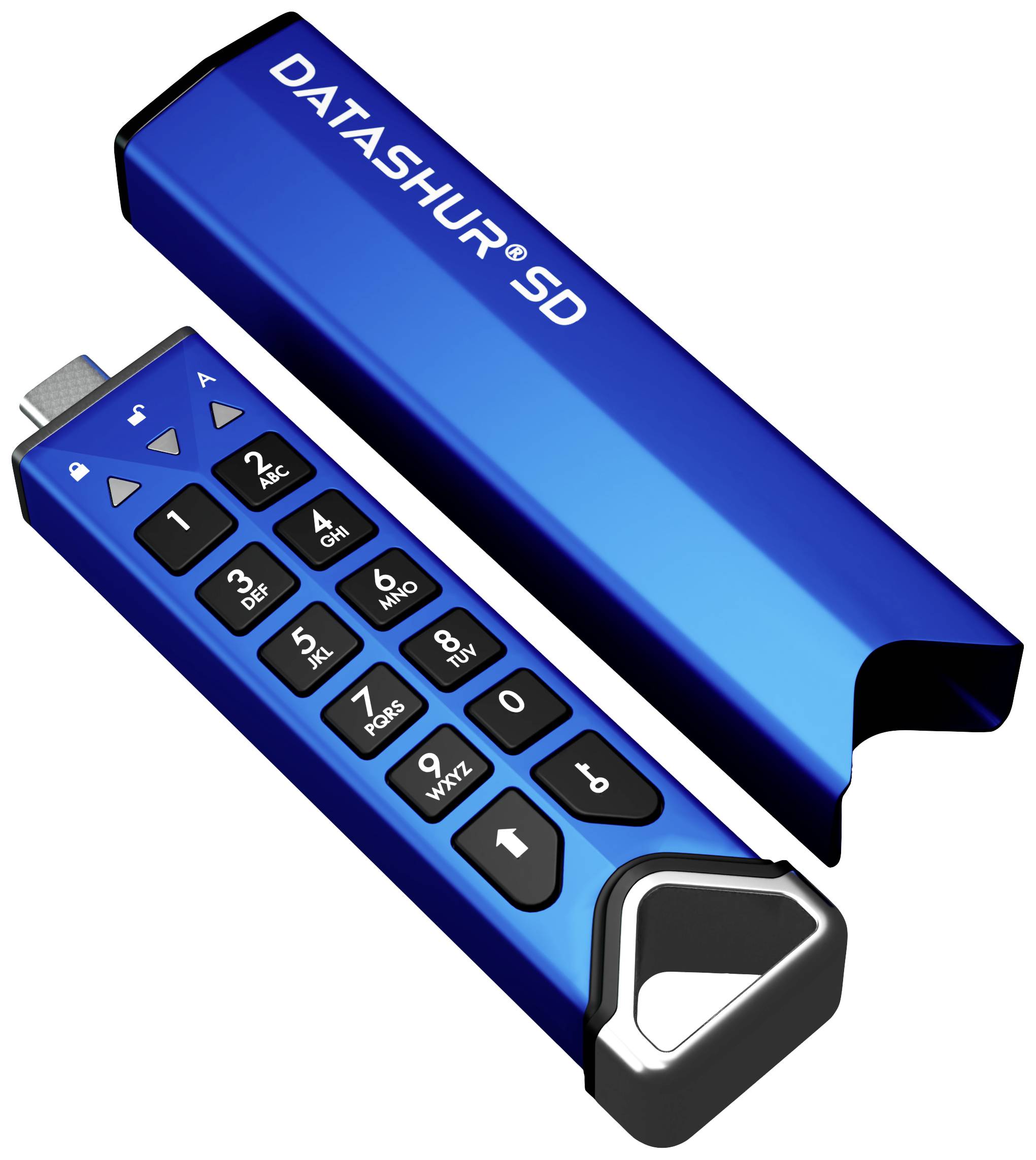 En blå USB-nøgle med numerisk tastatur til indtastning af PIN-koder for datasikkerhed. Stik og beskyttelseshylster er synlige.