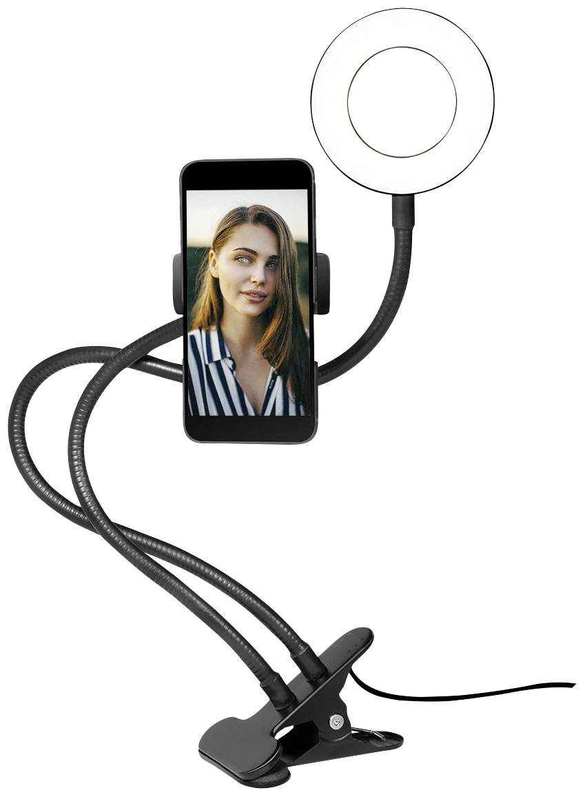 Smartphone-holder med ringlampe; vist er en smartphone med et foto af en kvinde. Fleksible arme muliggør justeringer.