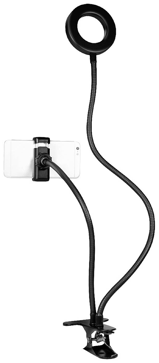 En fleksibel mobilholder med integreret ringlampe og bordklemme. Perfekt til oprettelse af videoer eller fotos med ensartet belysning.