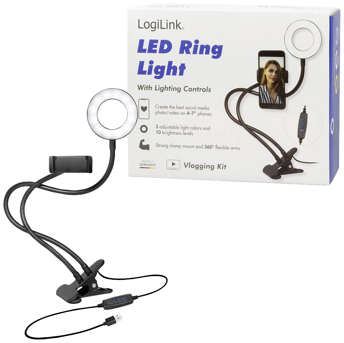 LED-ringlyslyssæt med clip. Indeholder ringlygte, mobilholder og betjening. Emballage viser anvendelsesscenarie og 'LogiLink'-mærke. Velegnet til vlogs eller fotos.