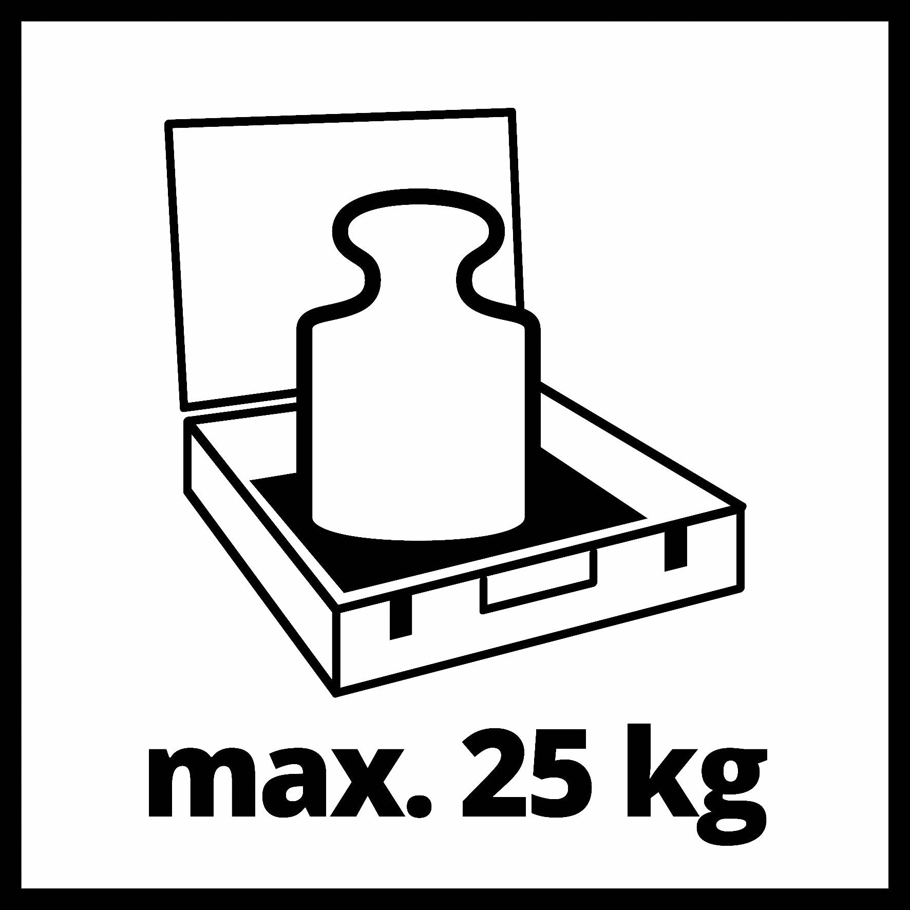 'Maks. 25 kg' skilt viser et stiliseret vægt i en åben kuffert. Symboliserer maksimal bæreevne eller vægtbegrænsning.