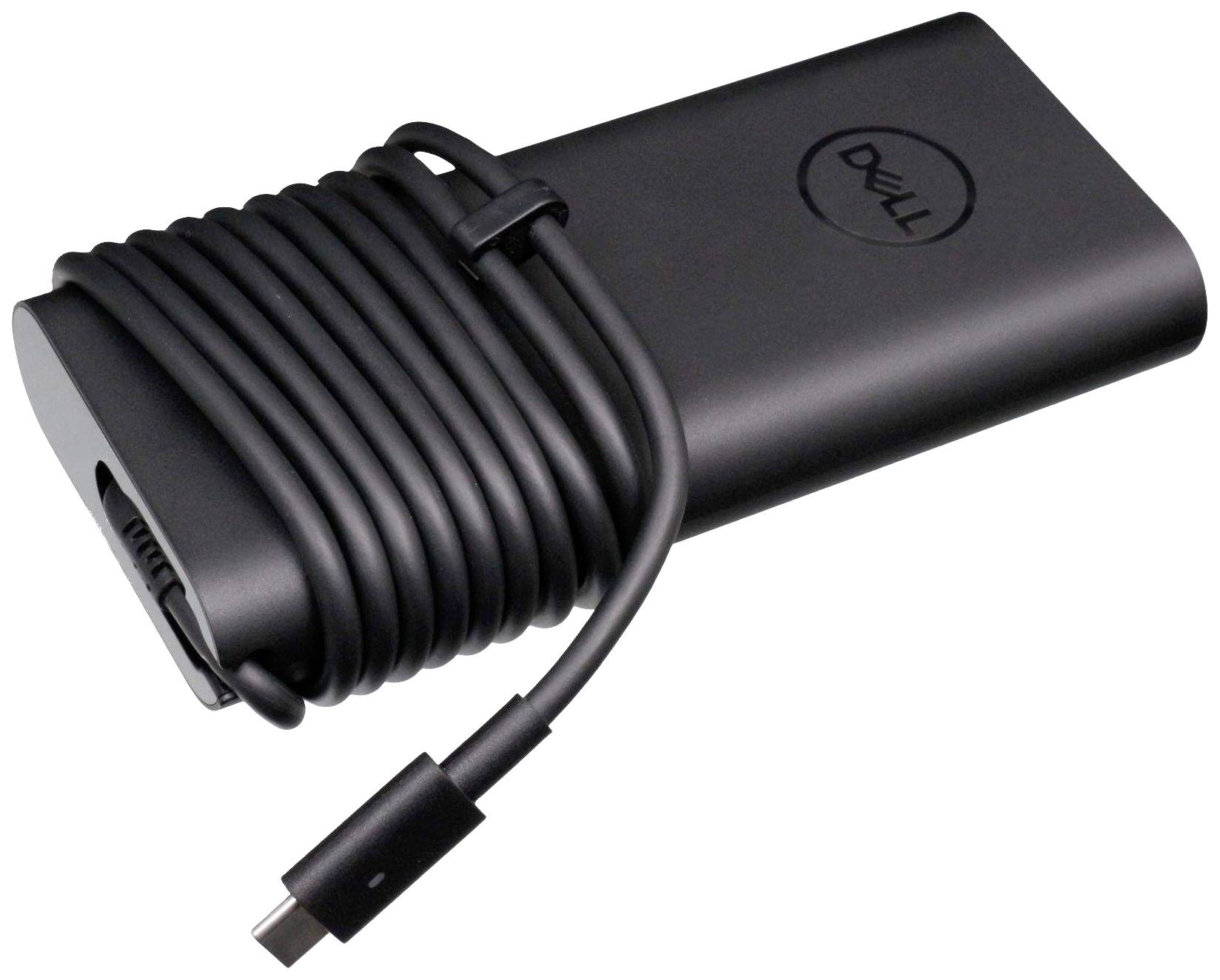 Et sort laptop-strømforsyning med oprullet kabel og USB-C-stik. Dell-logoet er synligt på huset.
