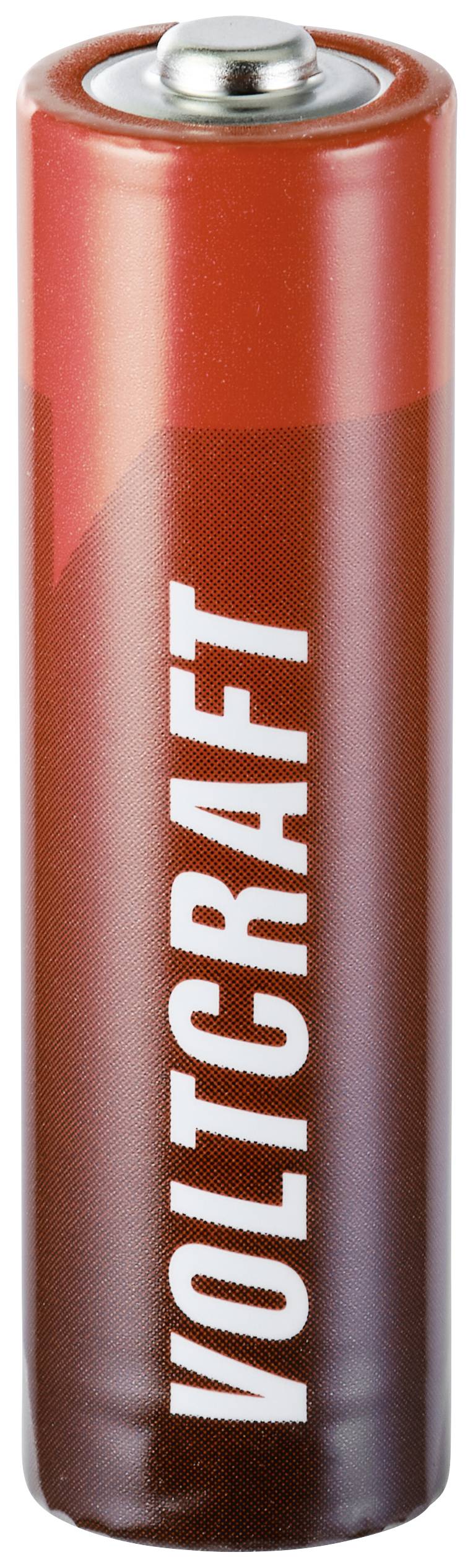 Rød batteri med påskriften 'VOLTCRAFT' vertikalt.