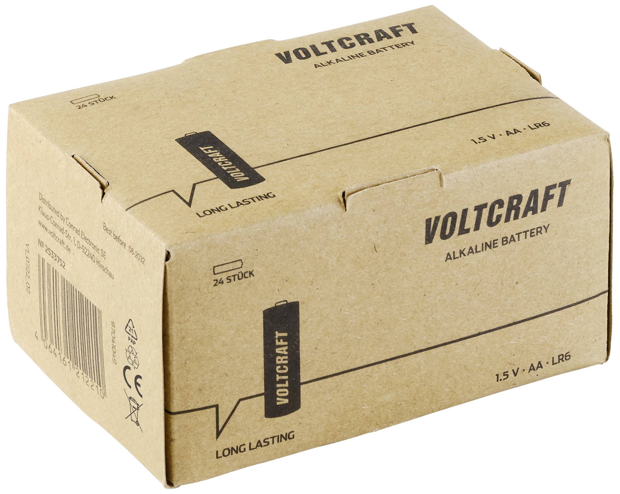Kartonpakning med Voltcraft alkaliske batterier, 1,5 V, Type AA-LR6, mærket som langvarig. Indeholder 24 stk.