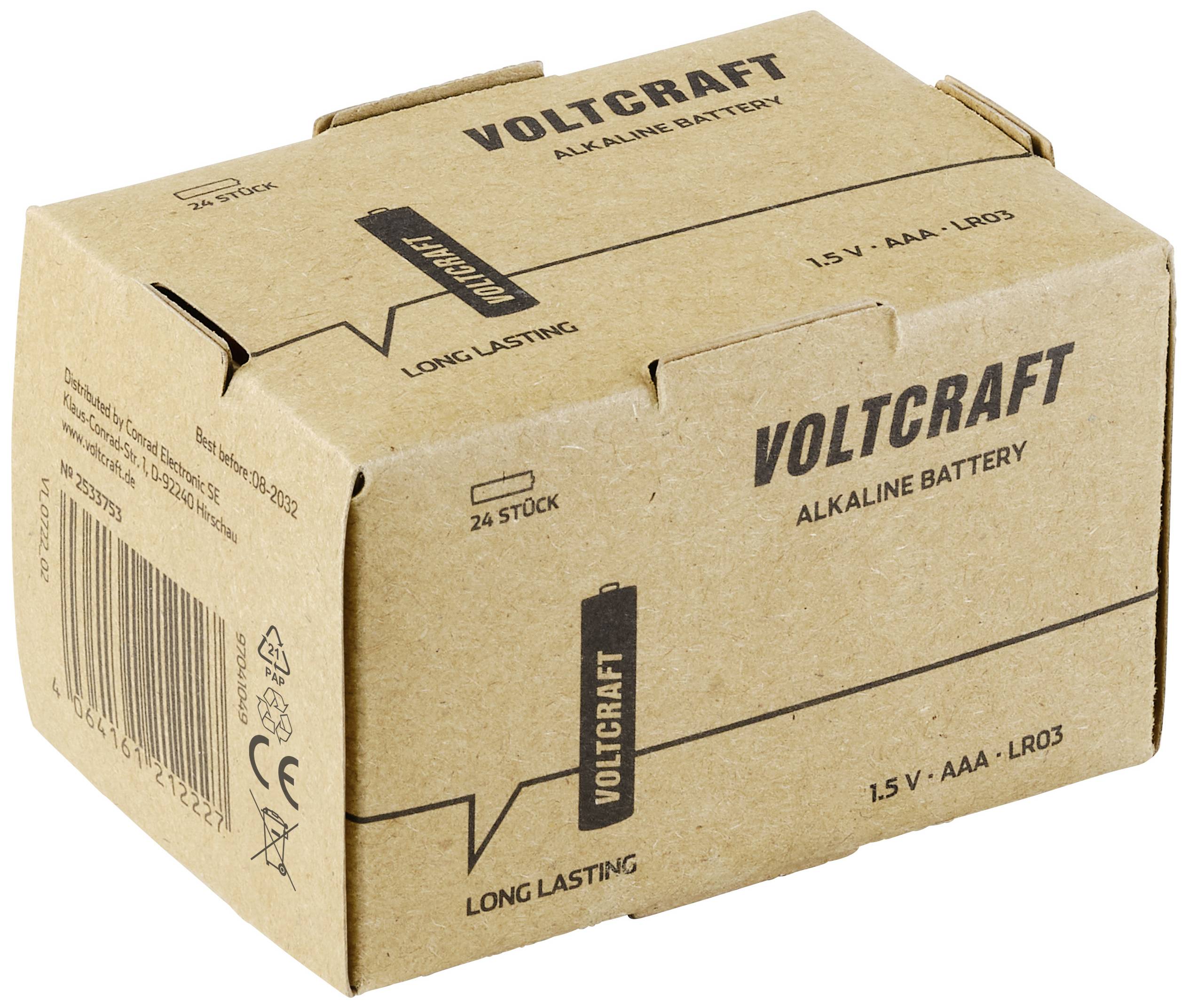 Karton med 'Voltcraft' alkaliske batterier, str. AAA, 1,5V, 24 stk.; markedsført som langvarige.