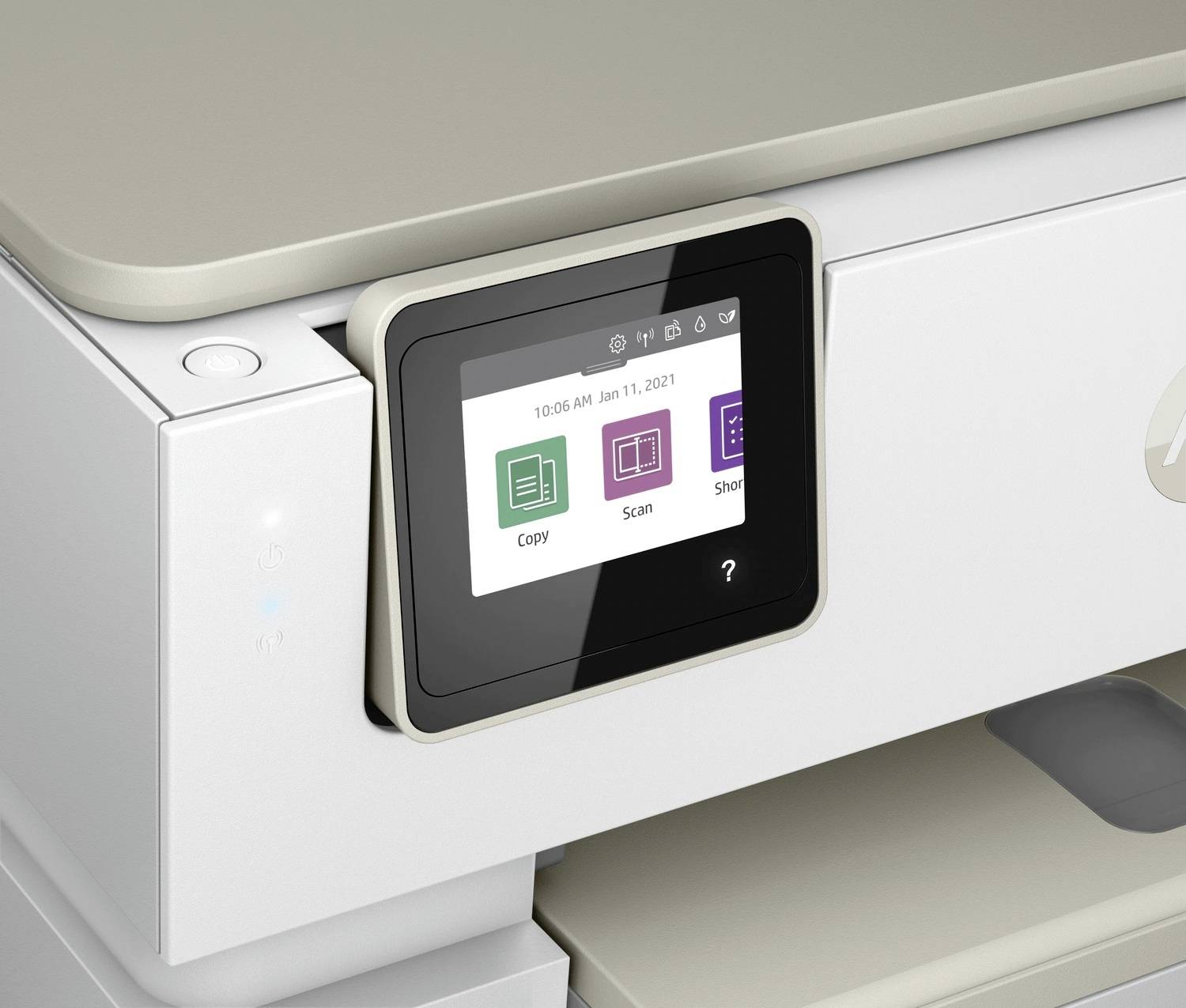 En moderne printer med touchscreen-display, der viser valgmuligheder som 'Kopiere', 'Scanne' og 'Indstillinger'.