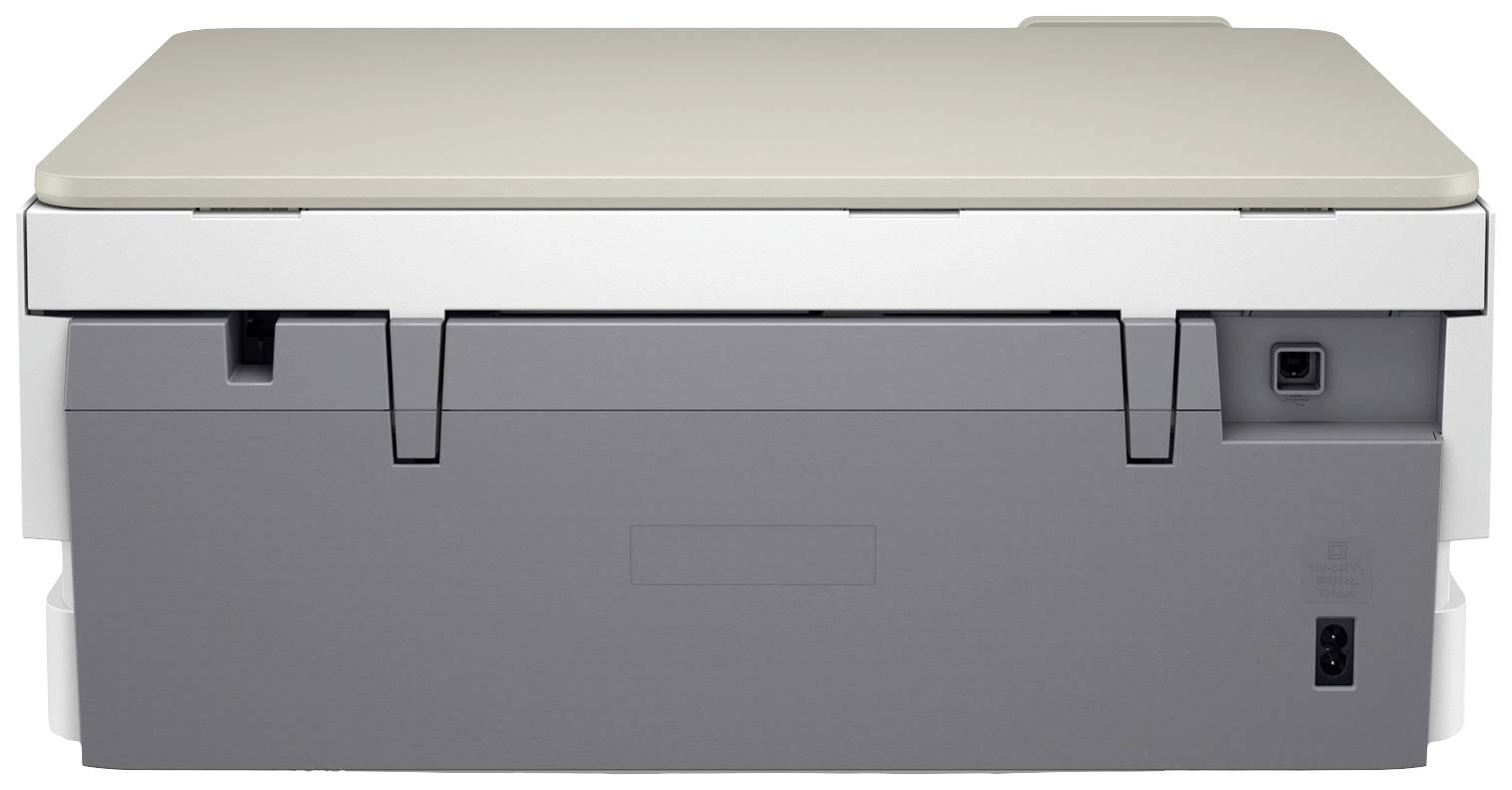 Flad, rektangulær printer med grå forside og hvidt låg. Bagsiden viser tilslutnings- og strømkabelstik.