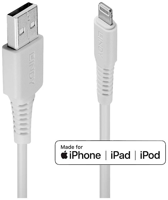 USB-kabel med en normal USB-stik og en Lightning-stik, egnet til iPhone, iPad og iPod, med påskriften 'Made for iPhone | iPad | iPod' på emballagen.