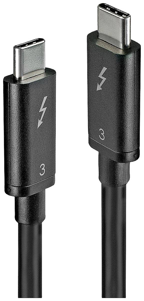 To kabel i sort med Thunderbolt 3 USB-C, forsynet med lynsymboler, som er velegnet til hurtig dataoverførsel og opladningsfunktioner.