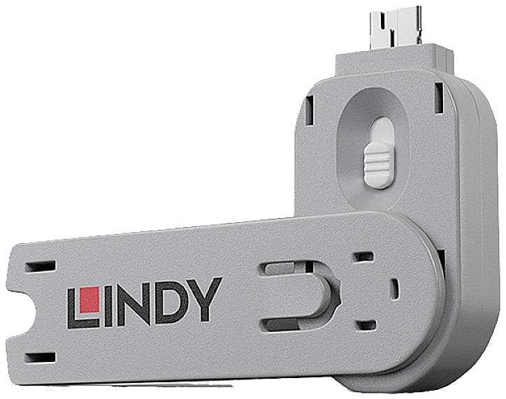 Grå USB-stik med 'LINDY'-logo, drejelig hætte og Micro-USB-stik.