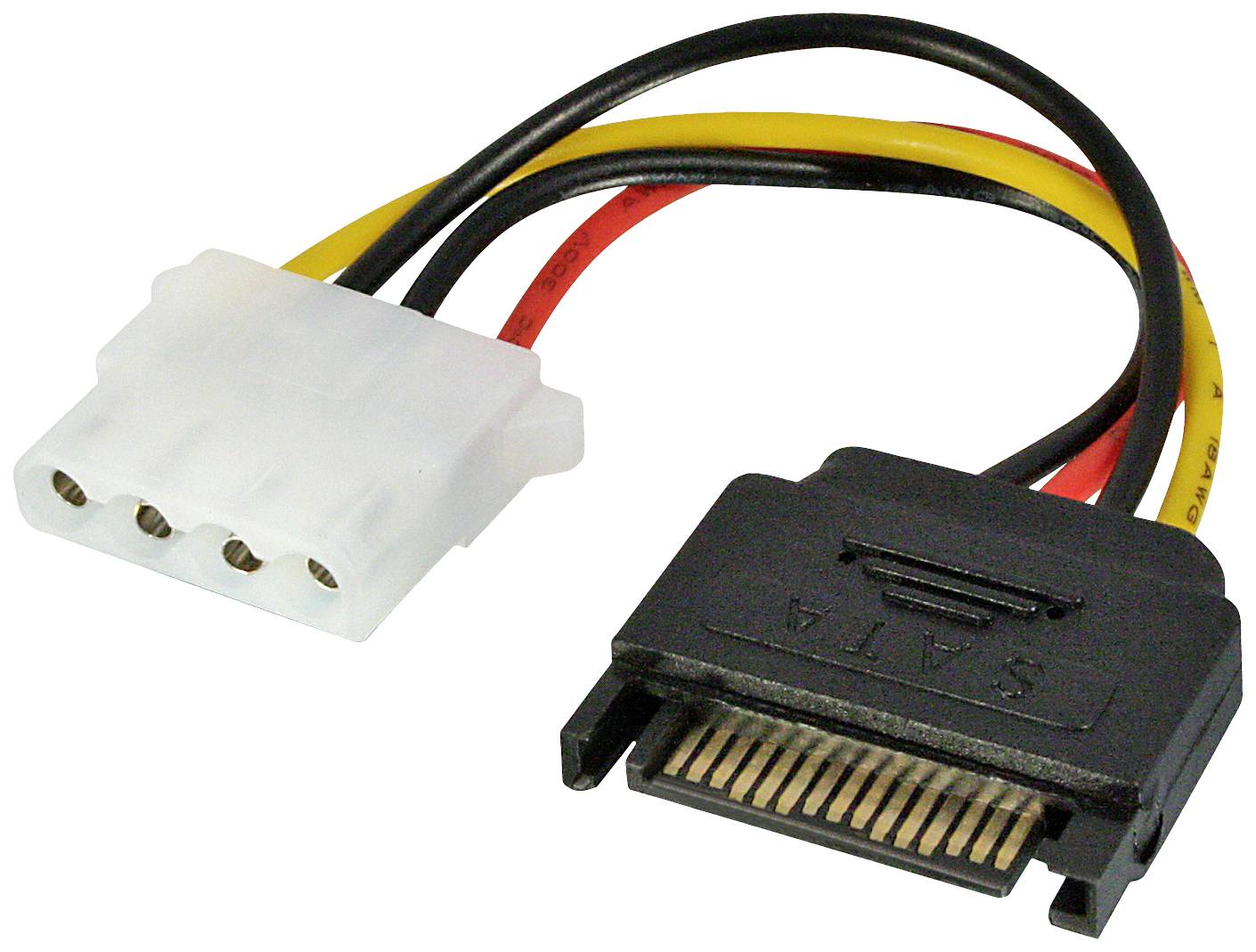 Et Molex-til-SATA-strømadapterkabel, der muliggør forbindelse mellem ældre og nyere harddiske.