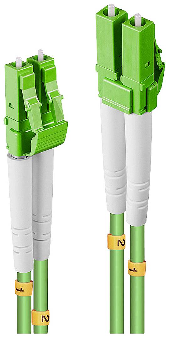 To nummerede grønne fiberoptiske netværkskabler med stik. Kablerne er mærket '1' og '2' for at kunne skelnes fra hinanden.