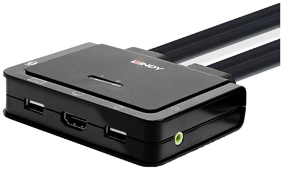 Sort KVM-switch fra Lindy med to HDMI-porte, en USB-tilslutning og en lydtilslutning, egnet til forbindelse af computere.