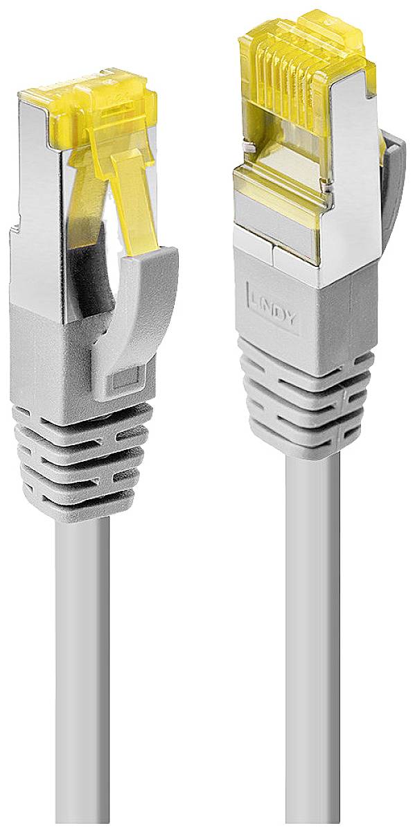 To kabler i grå farve med gule stik, placeret ved siden af hinanden.