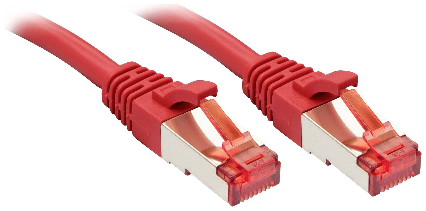 To rød Ethernet-kabler med RJ45-stik, liggende ved siden af hinanden. De er beregnet til netværksforbindelser.