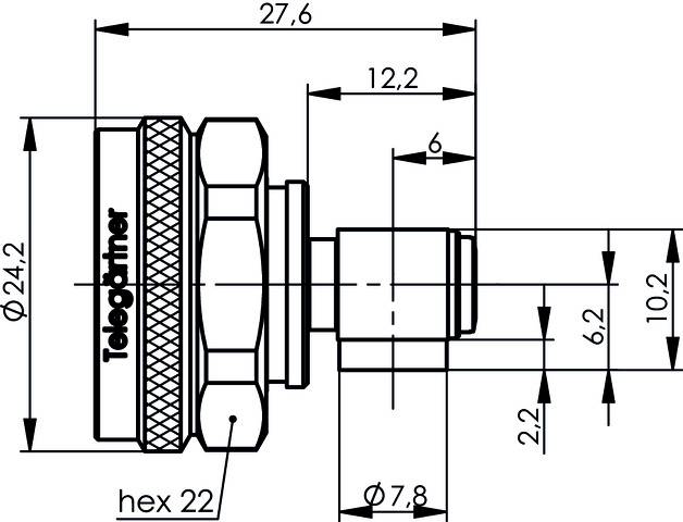 Teknisk tegning af en cylindrisk komponent med dimensioner i millimeter. Viser diameter, længde og gevindoplysninger.