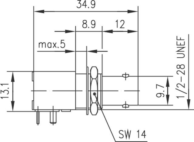 Teknisk tegning af en cylindrisk komponent med følgende mål: 34,9 mm længde, 13,1 mm højde, maks. 5 mm bredde på konnektor, gevind 1/2-28 UNEF.