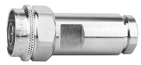 Metallisk adapterstik i cylinderform, fotograferet fra siden.