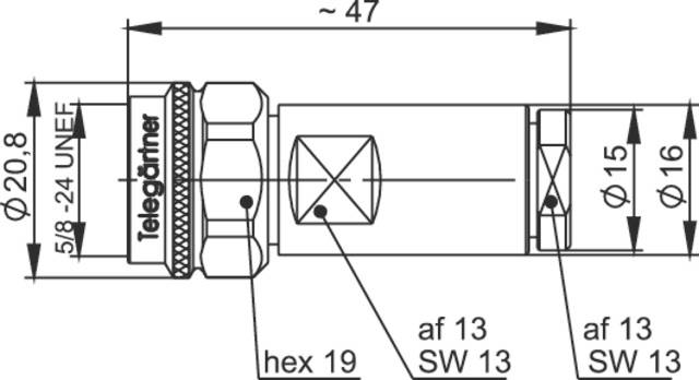 Teknisk tegning af et forbindelseselement med dimensioner; samlet længde ~47, hoveddiameter 20,8, yderligere relevante mål er angivet.