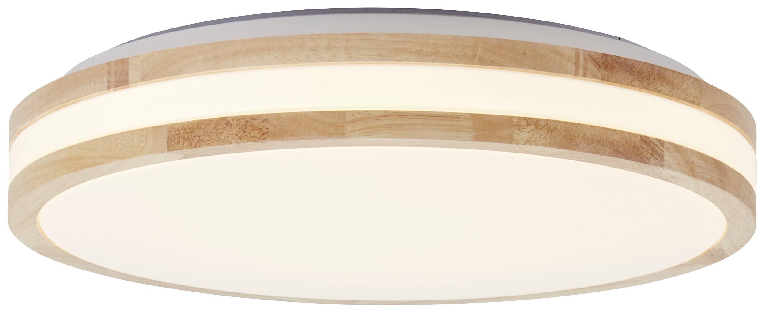 En rund LED-loftslampe med træramme og diffust hvidt lys. Perfekt til moderne boligrum.