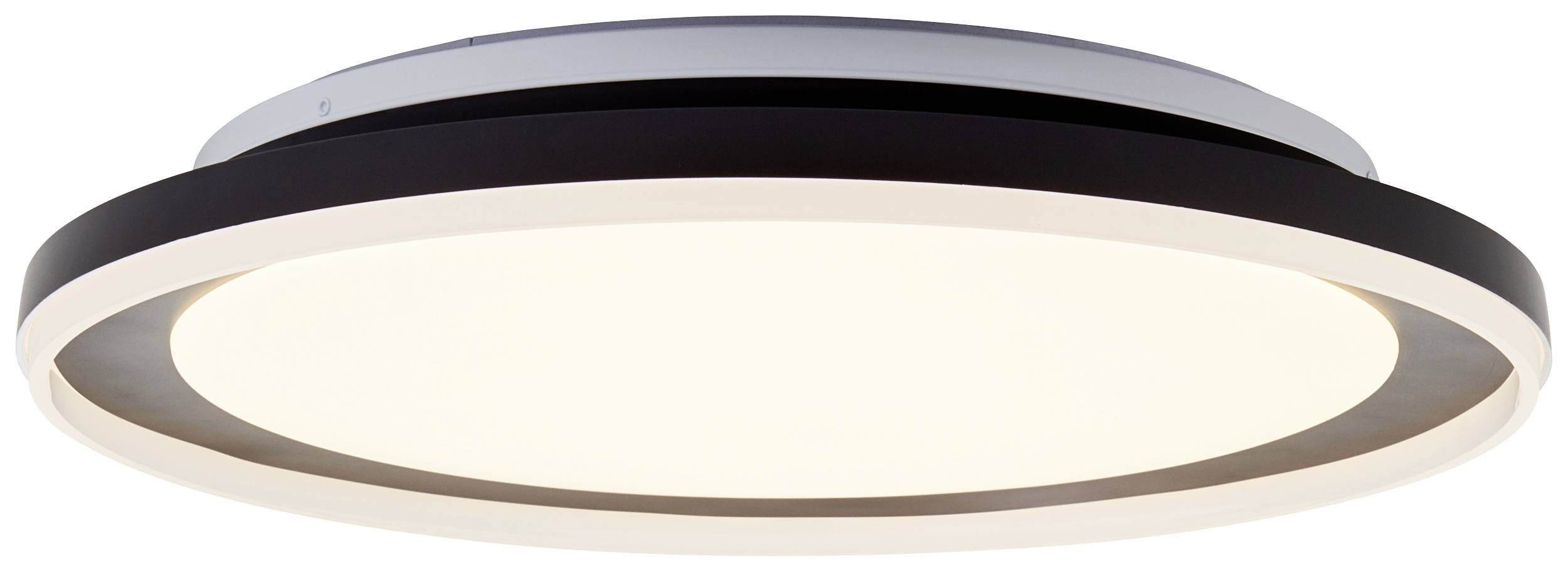 Flad, rund loftslampe i sort og hvid med moderne, minimalistisk design, egnet til forskellige boligområder.