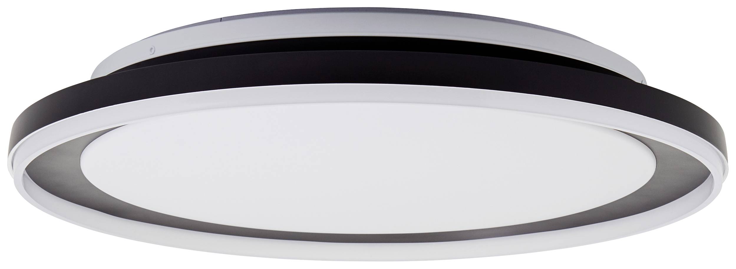 En rund loftslampe med sort og hvid kant, monteret på en flad lofteflade. Moderne design.