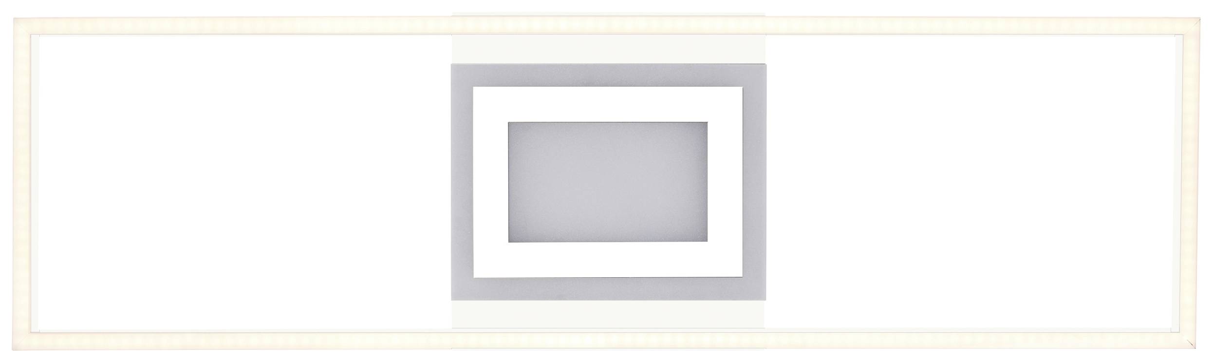 En minimalistisk kunstinstallation med tre indlejrede kvadrater i grå og hvide nuancer på en rektangulær, hvid baggrund.