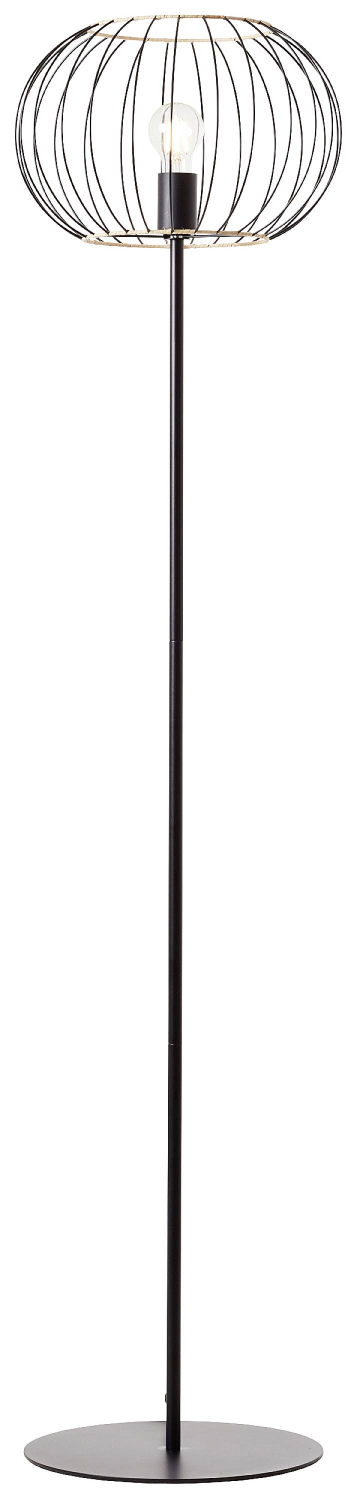 Standerlampe med moderne, rund trådskærm og synlig glødepære, minimalistisk design.