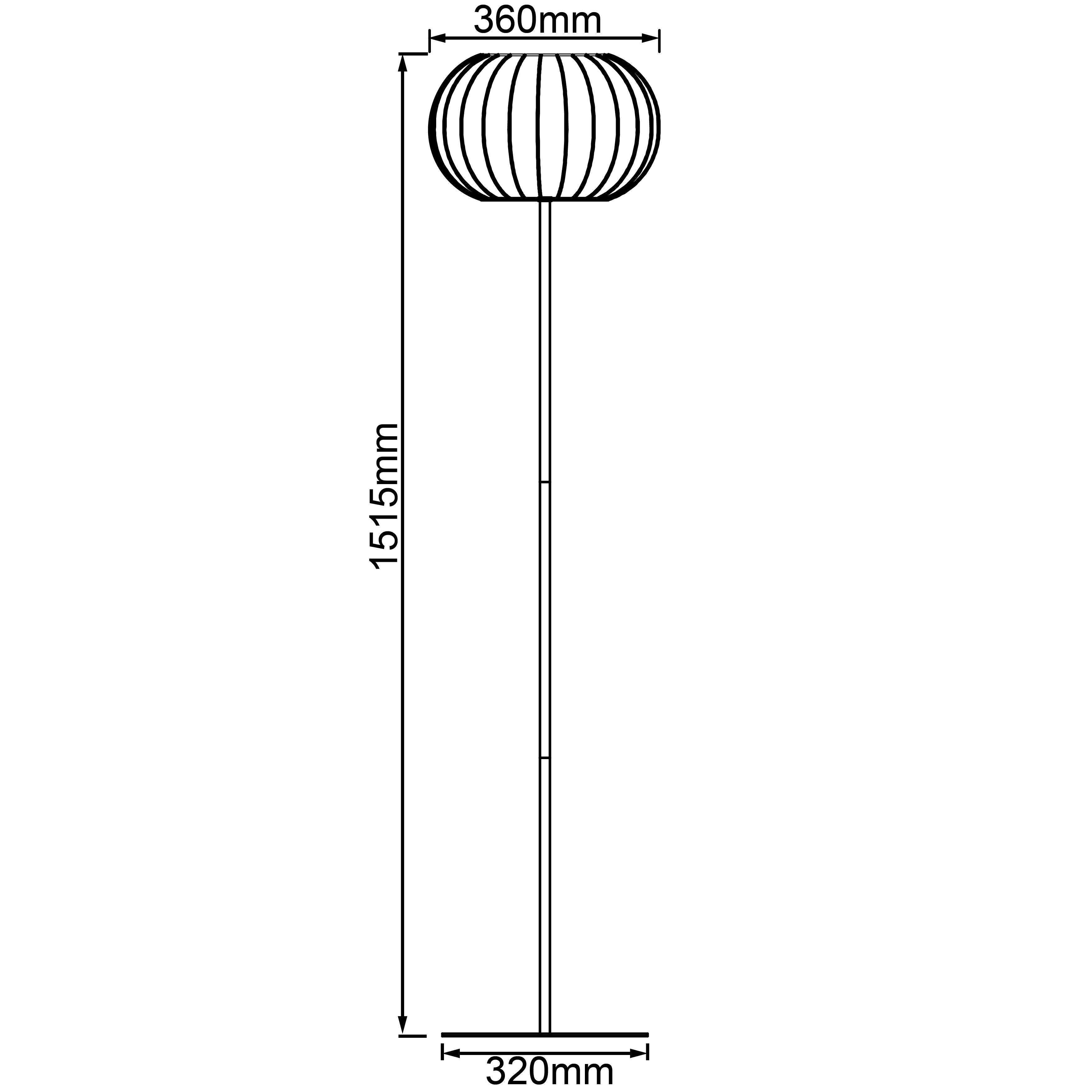 Standerlampe med kugleformet lampeskærm, mål: Højde 1515 mm, skærmdiameter 360 mm, basediameter 320 mm.