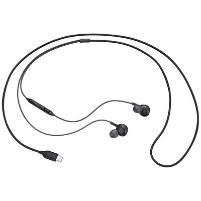Et sort par in-ear høretelefoner med integreret betjening og USB-C-stik.