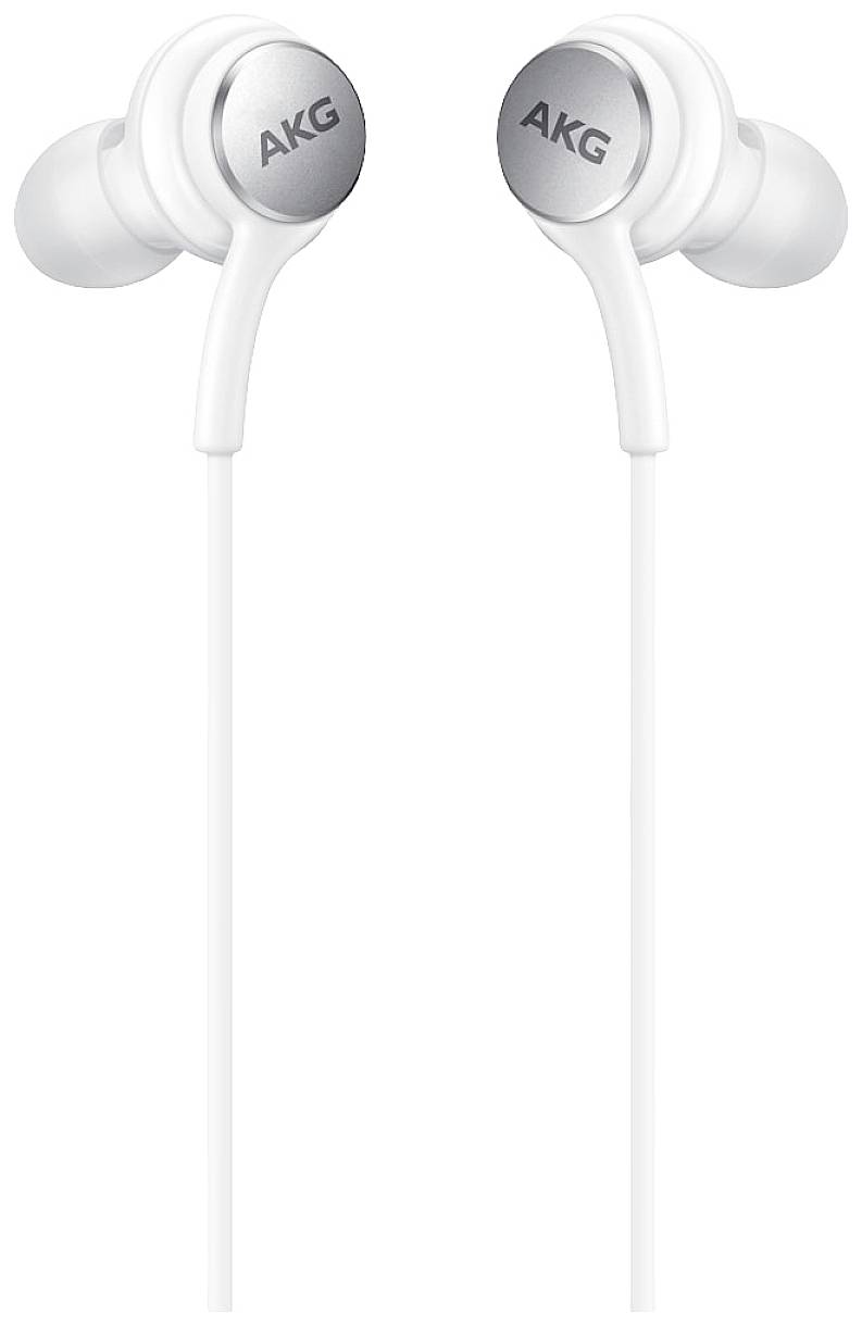 Hvide in-ear-høretelefoner fra mærket AKG med sølvfarvede detaljer, som viser højteknologisk og kompakt lydteknologi.