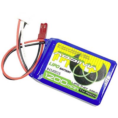 RC-Batteri 1200mAh, 7,2V på blå-gul emballage med kabelstik, velegnet til fjernstyrede modeller.