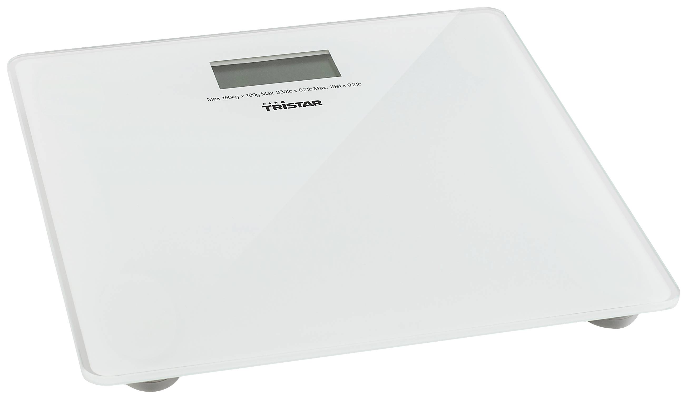 Digital personvægt med glastop og display, egnet op til 150 kg.