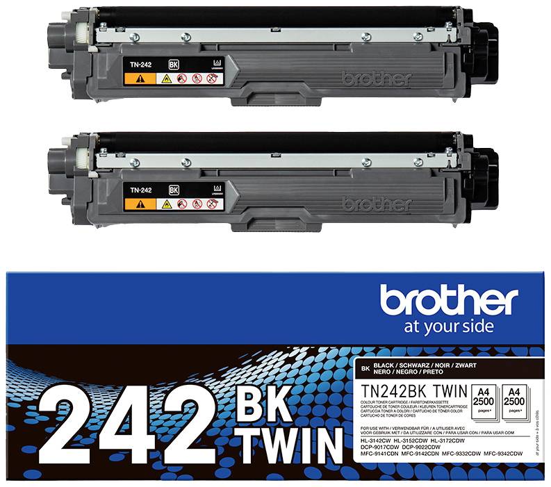 To sorte tonerpatroner fra Brother, model 'TN242BK TWIN', egnet til printere. Emballagen viser produktoplysninger.