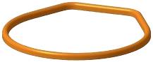 En orangefarvet, ringformet genstand med ujævn, let buet form, muligvis en fleksibel stang eller ledning.