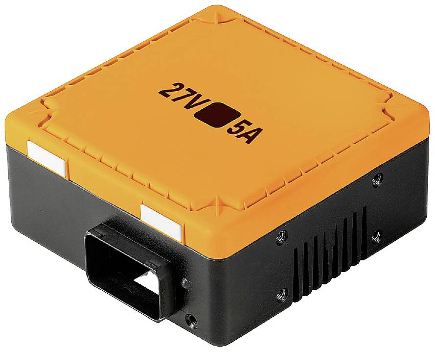 Elektronisk enhed i orange og sort med påskriften '27V 5A'. Firkantet, med ventilationsåbninger og tilslutningsstik.