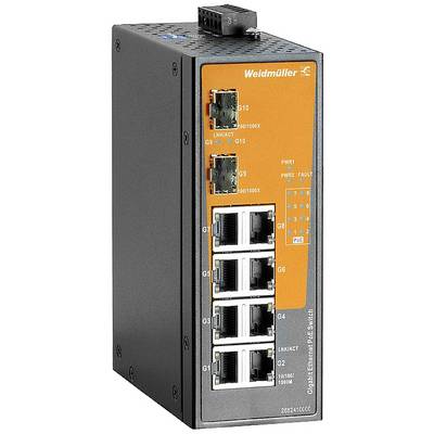 Weidmüller Gigabit Ethernet Switch med otte netværksforbindelser og statusdisplays. Anvendes i industrielle netværk.