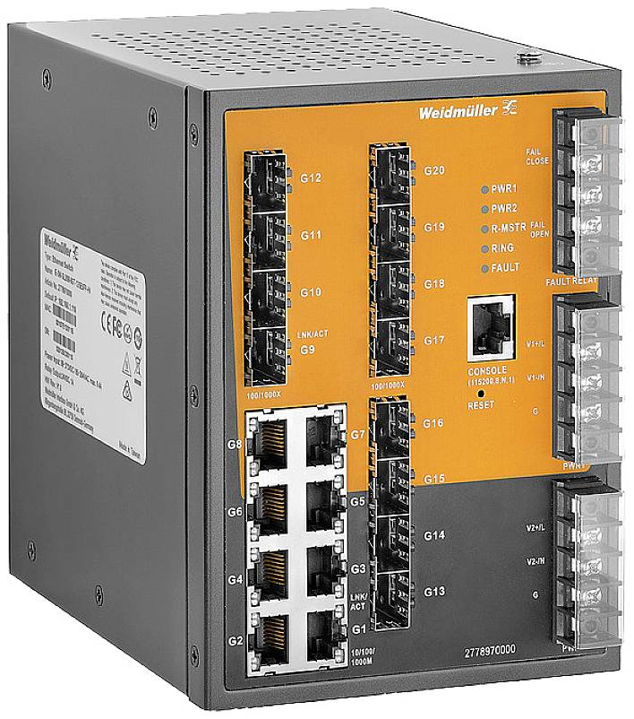 'Weidmüller GATEWAY' i orange, grå, med tilslutninger og LED-indikatorer. Bruges til kommunikationsforbindelser i industrielle netværk.