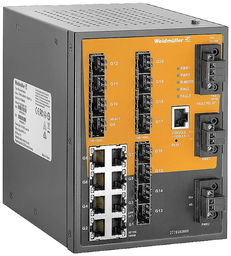Industriel switch med orange-sort kabinet, flere Ethernet- og fiberoptiske tilslutninger. LED'er viser netværksstatus.