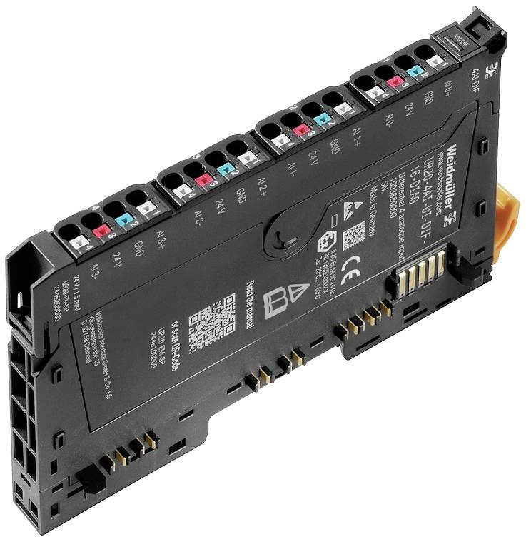 En elektronisk komponent fra Weidmüller med flere farvekodede tilslutninger og mærkninger.