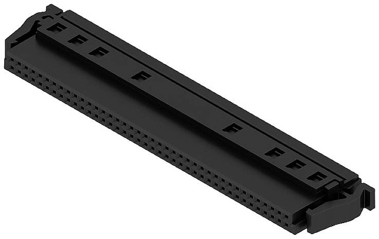En sort elektrisk stikforbinder, typisk til elektroniske enheder, med rektangulær form og flere tilslutningsstik.