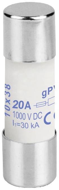 Sikring med påskriften '20A, 1000V DC, I1=30kA, gPV, 10x38'