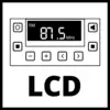 En LCD-skærm viser 'FM 87,5 MHz'. Nederst er der fem knapper til betjening: Plus, Minus, Fremad, Bagud og Afspil.