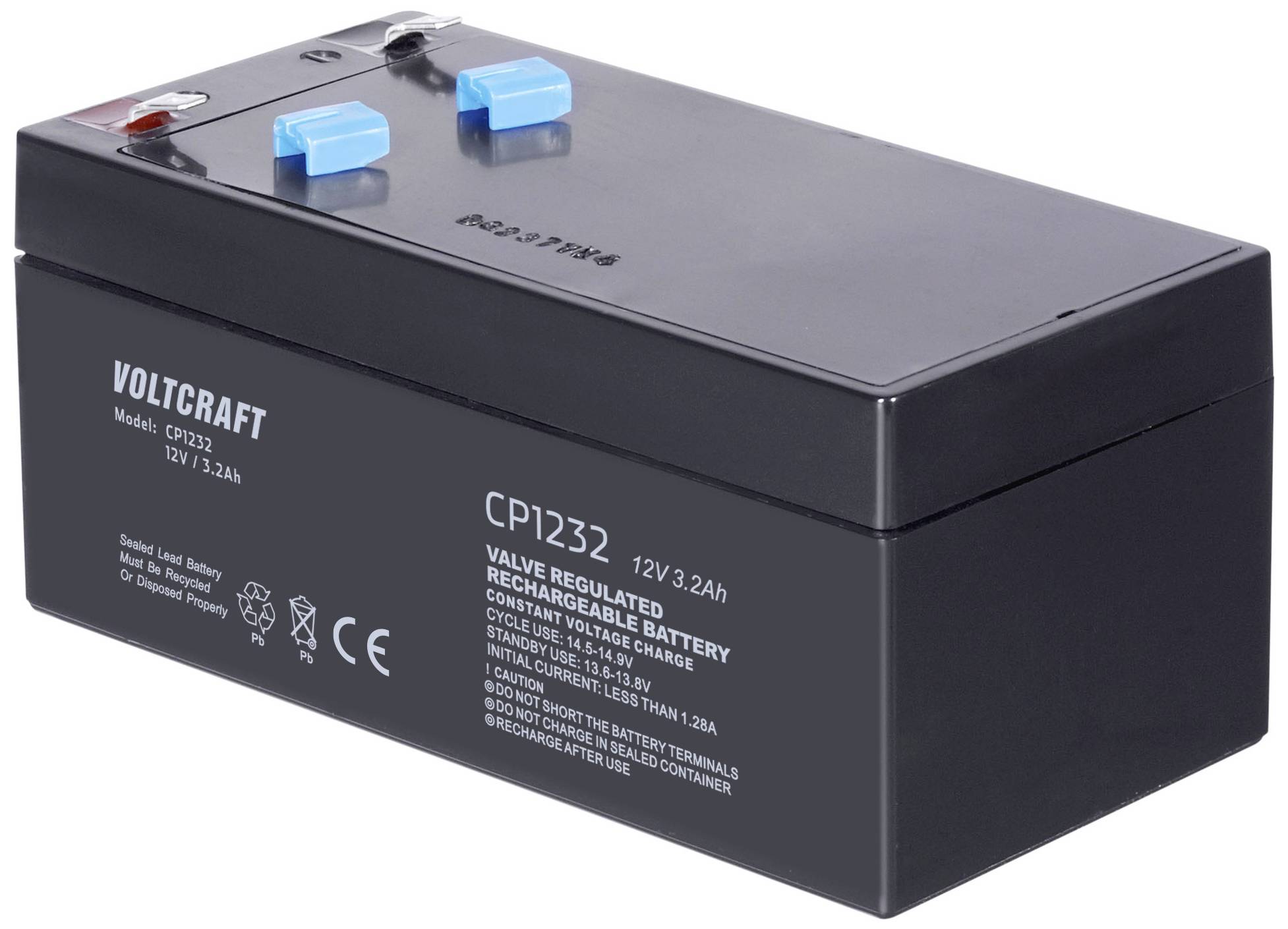 Sort Voltcraft batteri CP1232, 12V 3,2Ah, med blå og røde tilslutninger øverst.