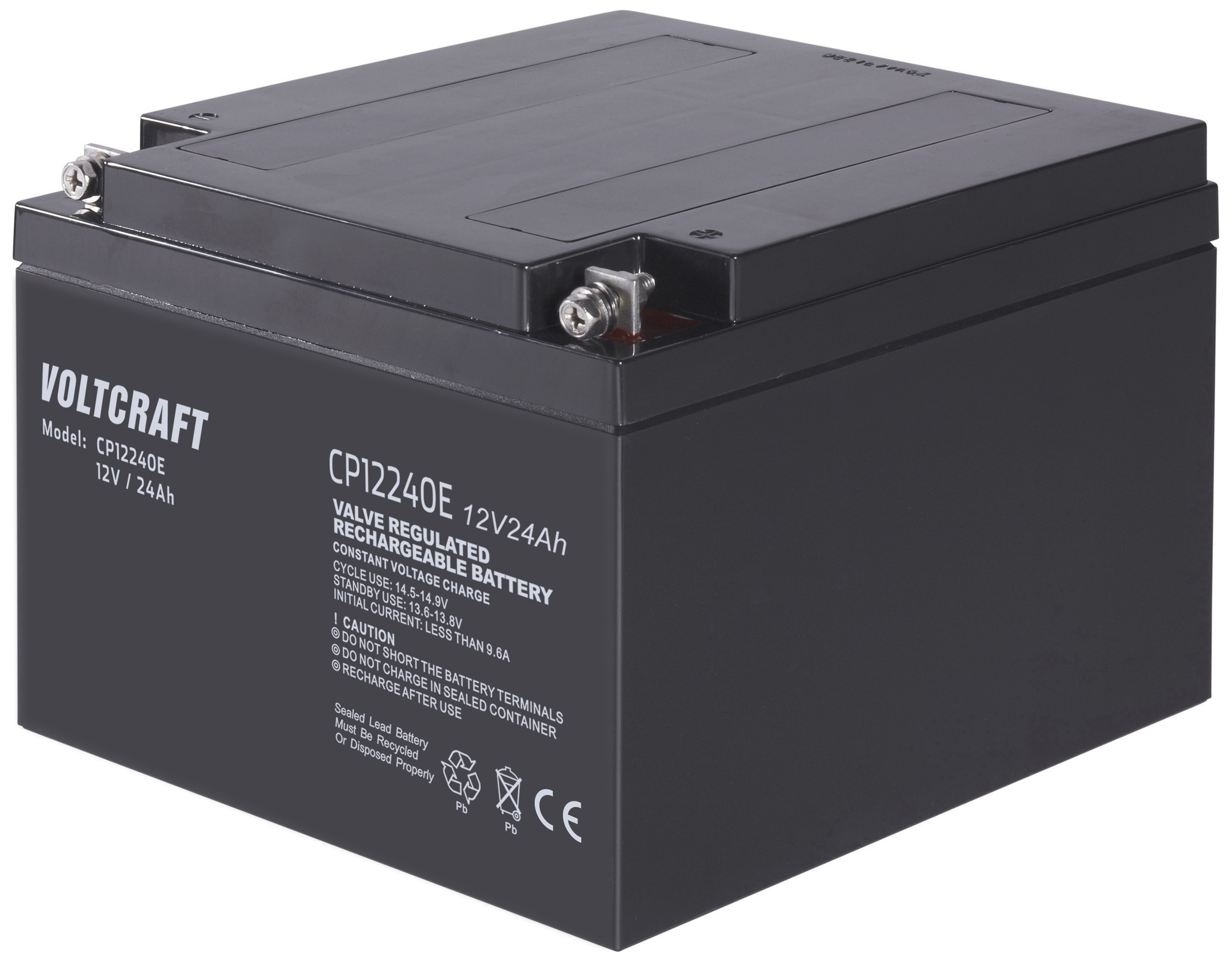 Sort Voltcraft-batteri, model CP12240E, med 12 volt og 24 Ah. Genopladeligt, placeret på en hvid baggrund.