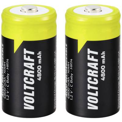 To batterier på mærket Voltcraft, genopladelige, med en kapacitet på 4800 mAh og en spænding på 1,2V, type C Baby HR14.